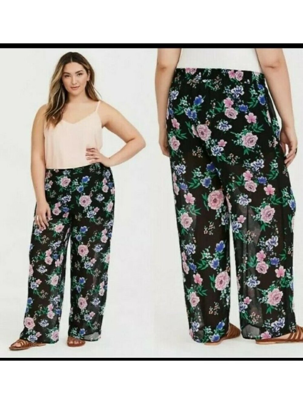 Torrid Size 1X Chiffon Wide Leg Floral Print Pants Shorts Lining-Elastic Waist